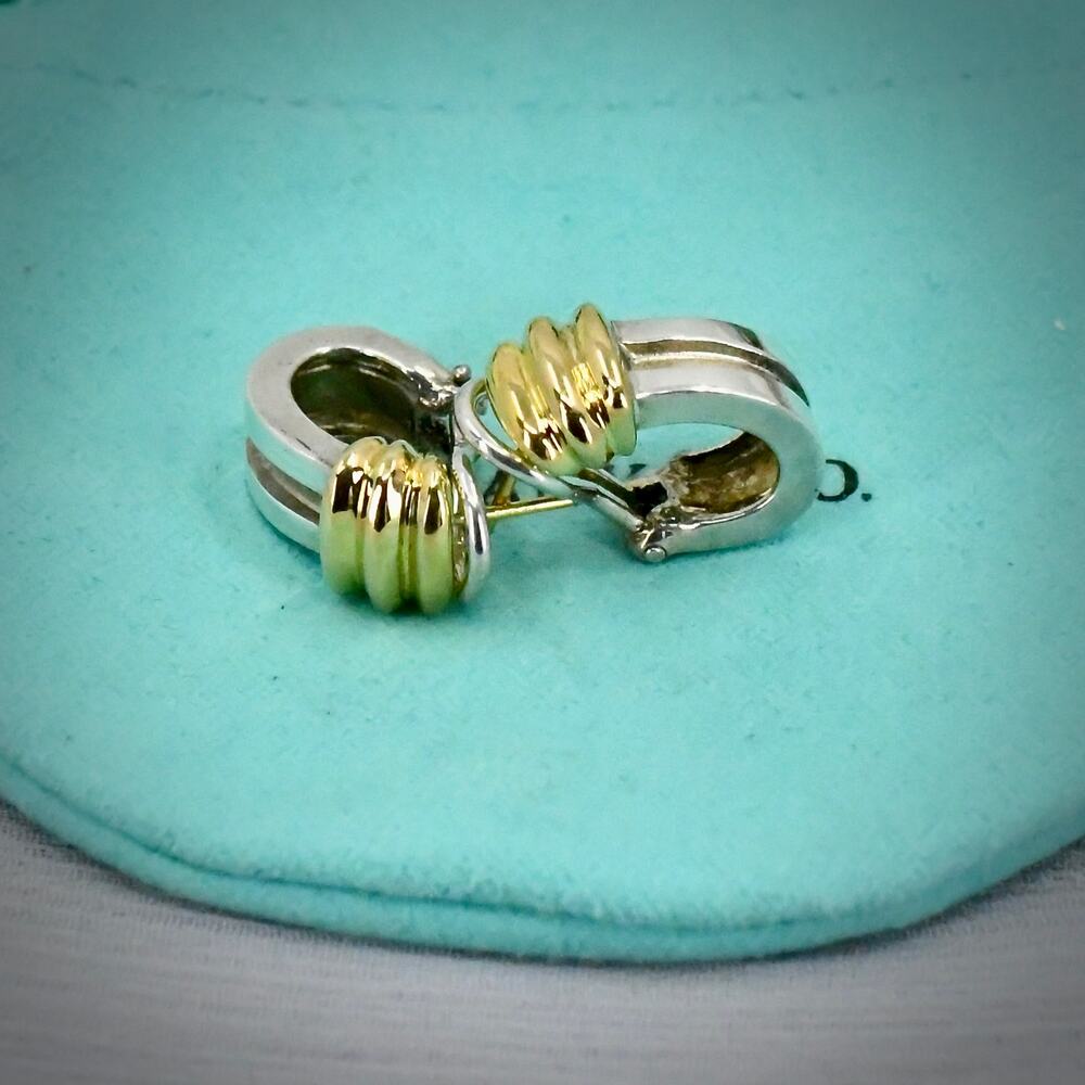 Tiffany &Co Vintage 925 Sterling 14K/585 Gold Grooved Double Line Omega Earrings